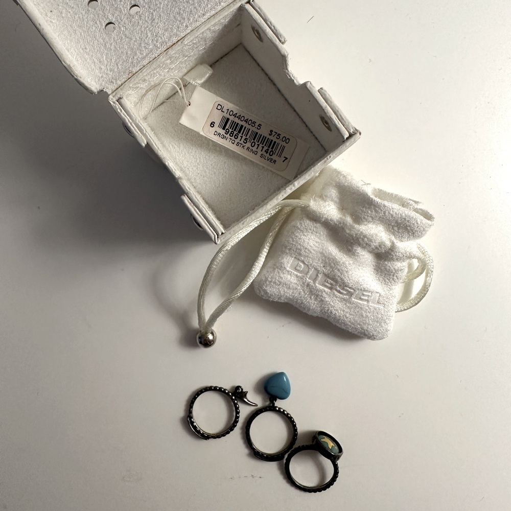 Diesel Silver Stackable Rings with Blue Accent - Picture 2 of 2